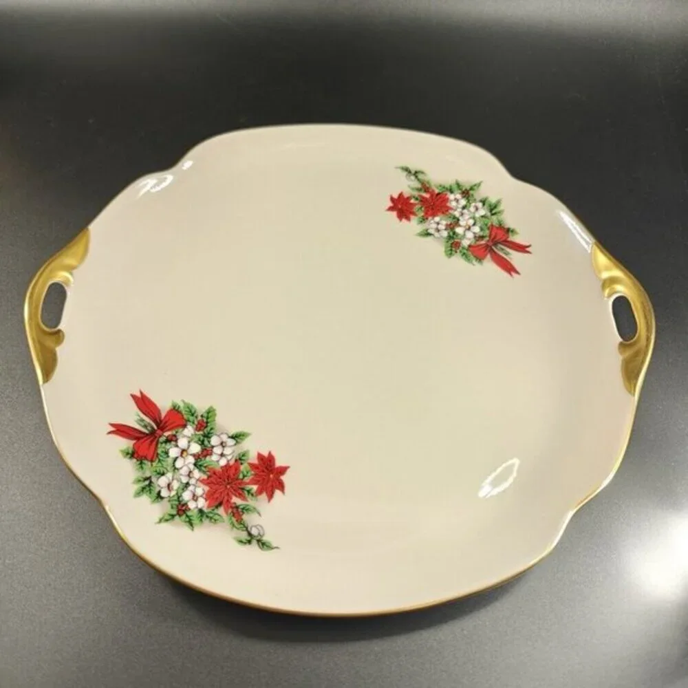 Pickard China Hand Decorated Poinsettia Plate Platter Porcelain USA Holiday VTG‎